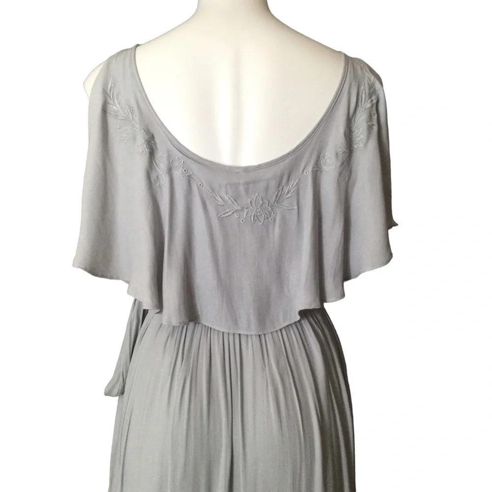 Free People Blue Gray Embroidered Fiona Maxi‎ True Wrap Dress